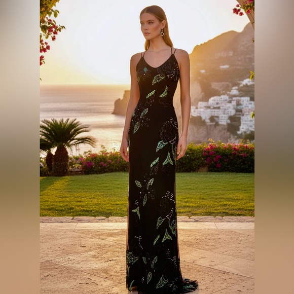Elegant hand, beaded Black and Green floral with rhinestone Maxi Dress - Picture 6 of 10